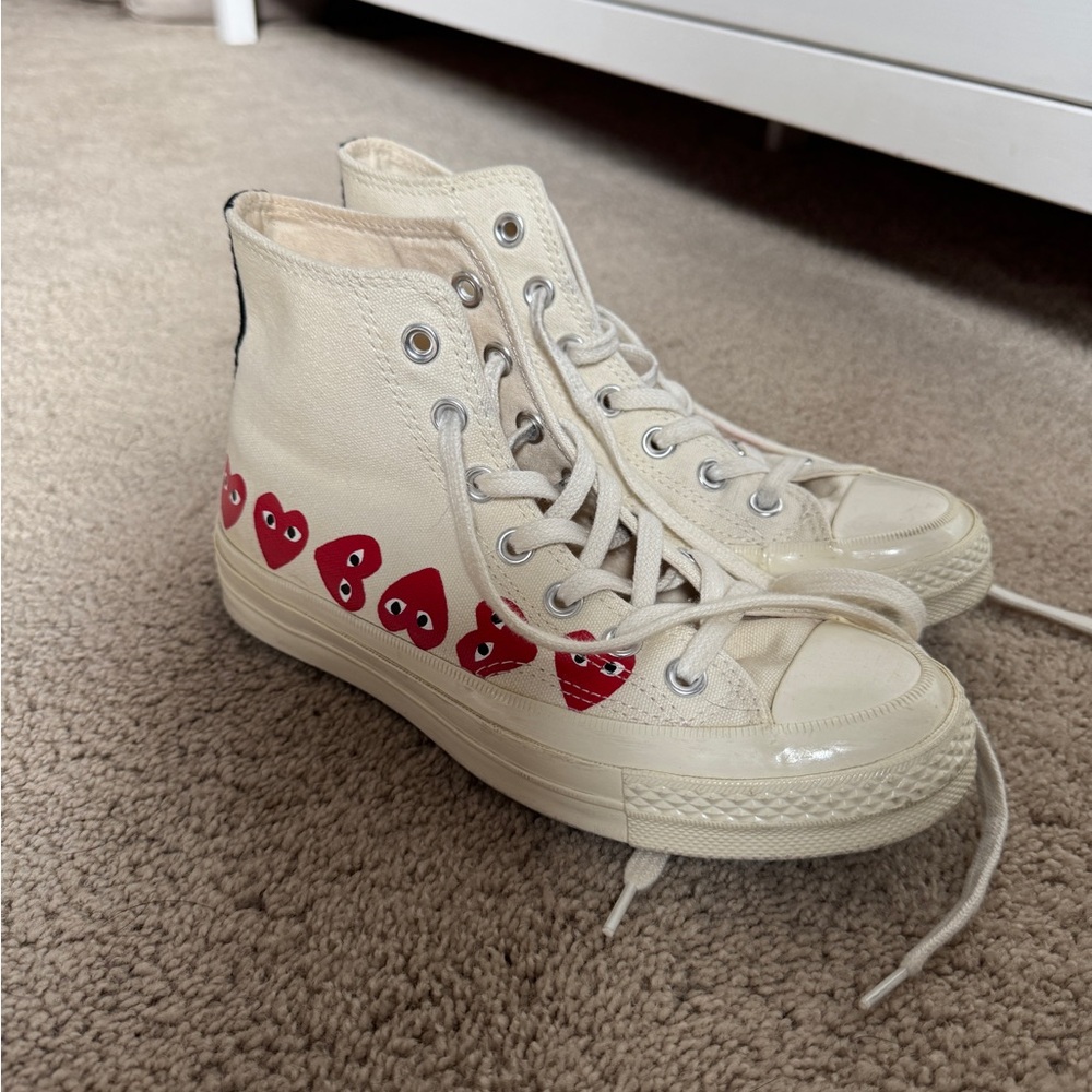 Comme des Garcons White and Red High-Top Sneakers